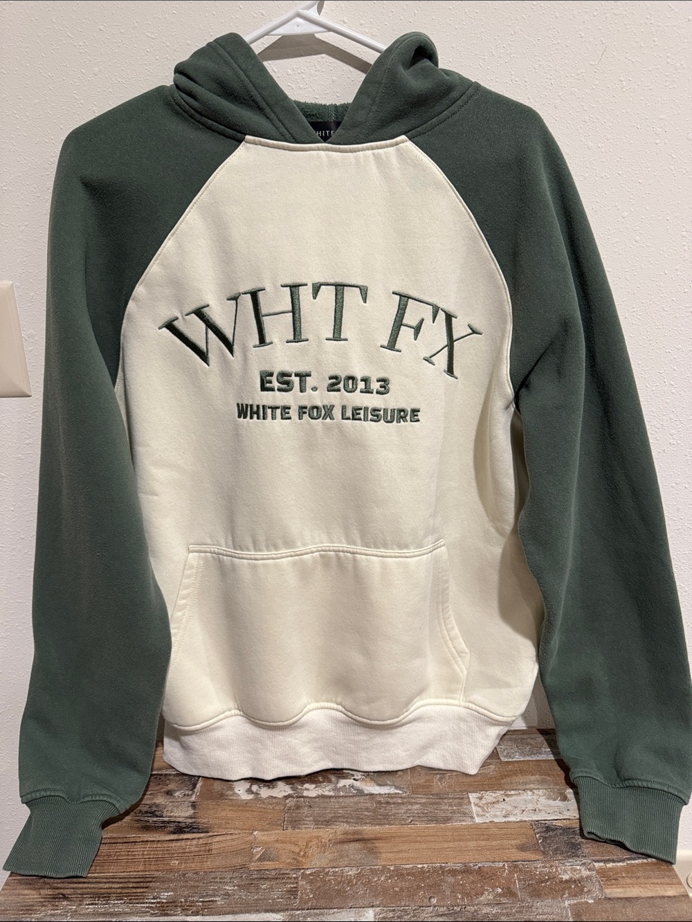 White Fox Embroidered Green and Cream Hoodie Sweater - Size Small/Medium